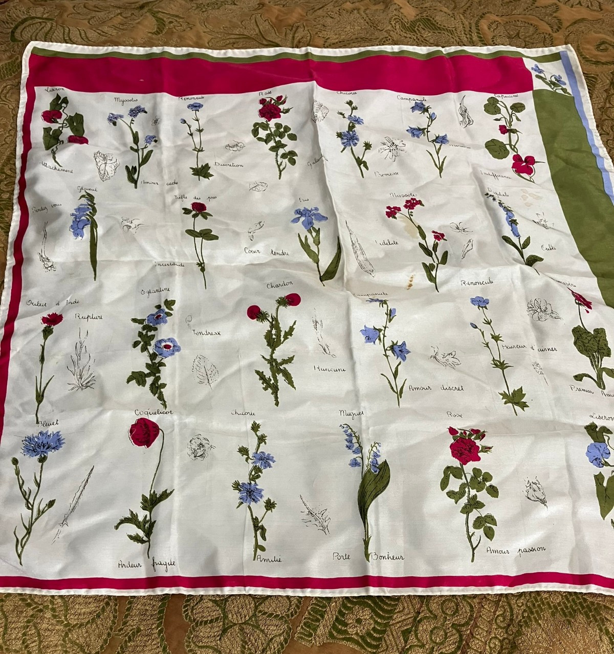 French Vintage Silk Floral Scarf 25x25 Flower Names Botanical Square