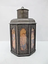 CHINESE Pewter Octaganol Tea Caddy with Inset Painted EROTIC Art Panels