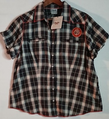 Harley Davidson Women Plaid Short Sleev Pearl Snap Moto Patch Embroidery XL