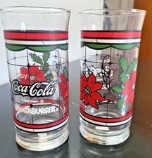 Whataburger Enjoy Coca Cola 6" Christmas Glass Poinsettia Holiday Vtg 2 Glasses
