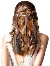 Feather Hippie Headband for Women Short Brown Indian Costume Hair Accessory