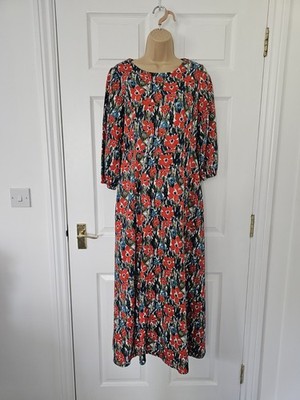 Seasalt Pellar Kleid rot geblümt Größe 10 3/4 Ärmel Reißverschluss hinten Leinenmischung Taschen