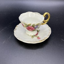 Antique Mini Footed Porcelain Teacup  Saucer - Pink Rose Floral Gold Scalloped