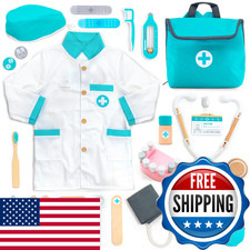 UMU Wooden Doctor Kit for Kids - Dentist Play Set, Dr Coat, Stethoscope, Ages 3-