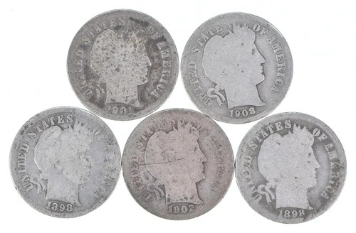 Better Lot 5 1901-O 1908-D 1898 1902-O 1898 Barber Dime 0.50 Face *258