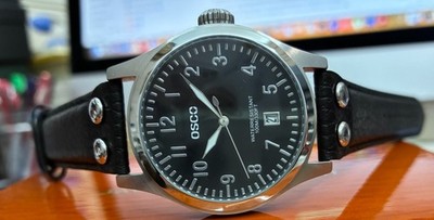 Osco Edelstahl Herrenuhr Zwiebel-Krone Flieger Arabische Zahlen 40mm mit Datum