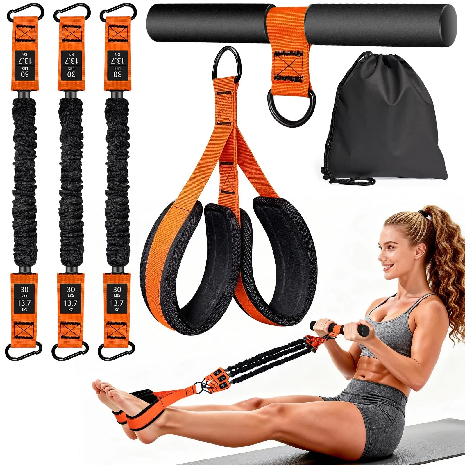 Upgraded Adjustable Pedal Resistance Band with Handles, 3-Tube 30Lb Multifunc...