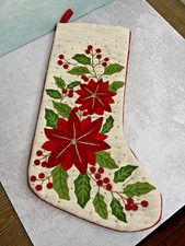 Tahari Home Luxury Christmas stocking Red embroidered poinsettias Beaded 20"