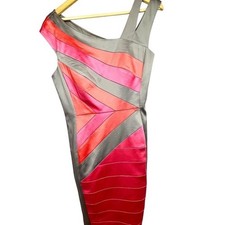 JAX Satan Sheath Dress Color Block Strips Split Shoulder SZ 12 Gray Pink Orange
