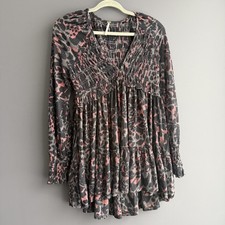 Free People Dress Womens Small Gray Leopard Mini Long Sleeve Boho Smocked Tiered