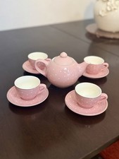 Pink FAO Schwartz Child Ceramic Tea Set Teapot 4 Cups Saucers Polka Dots