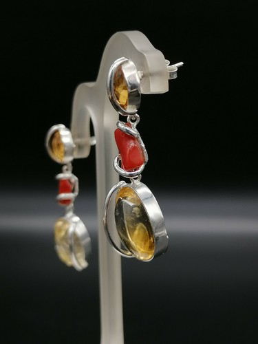 orecchini corallo rosso quarzo citrino pendenti in argento GIOIELLO ITALIANO - Imagen 4 de 8