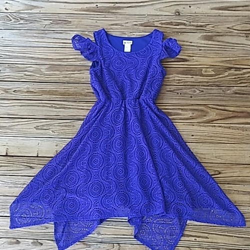 🌹Emily West Girls Lace Crochet Dress Cold Shoulder Fringe Hem Royal Blue S12🌹 - Picture 2 of 12