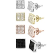 8MM Unisex Square Mirco Pave Stud .925 Sterling Silver Earrings Colors Availabl