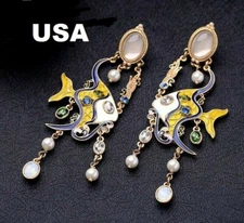 US Seller Betsey Johnson Metallic Jewel Fish Dangle Earrings Blue Yellow Pearl