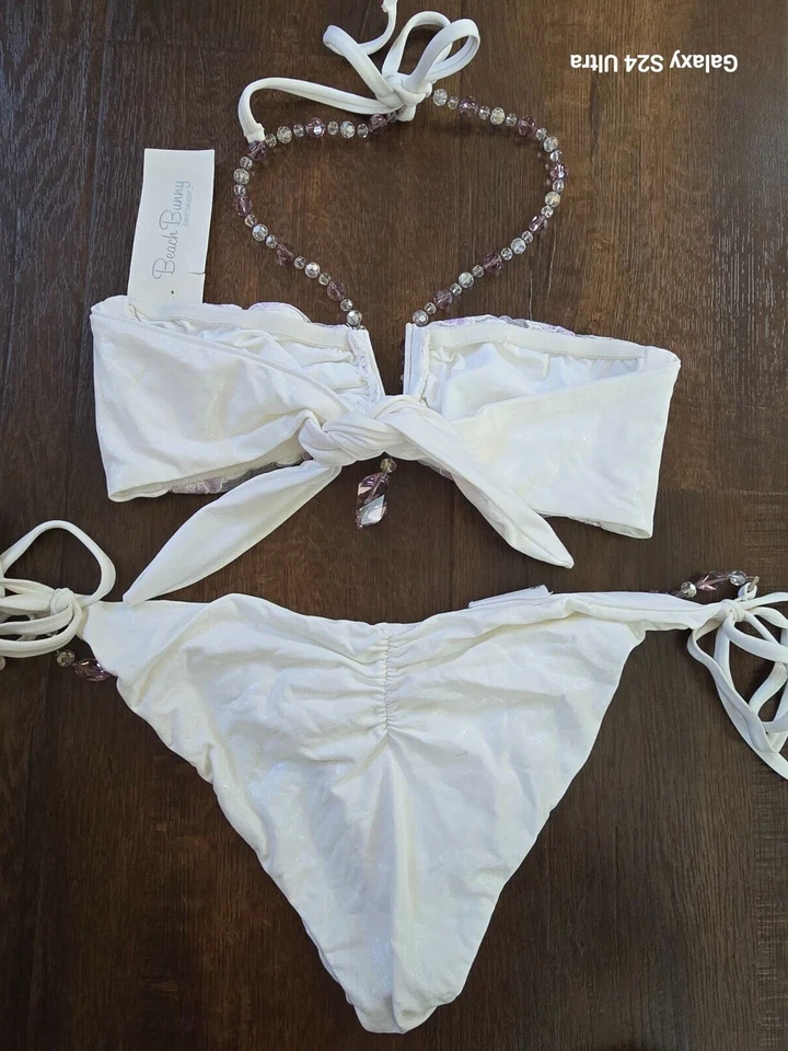 NWT BEACH BUNNY SWIMWEAR Best Of My Love Bandeau Top XS Bottom L White Lavender - Image 4 of 4