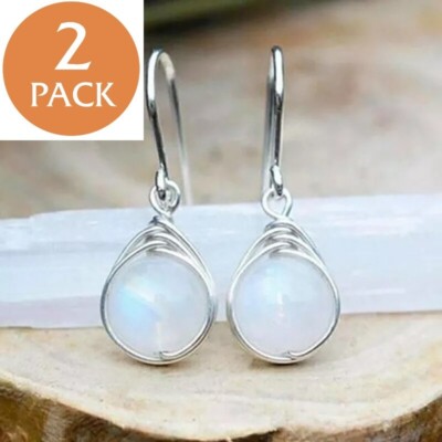 2x Pretty Moonstone 925 Silver Drop Earrings Women Anniversary Party Jewelry