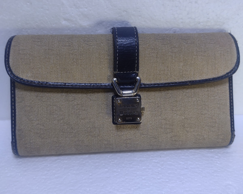 Dooney & Bourke Wallet DB Logo Trifold Beige Cloth Brown Leather Trim 7"x 4"