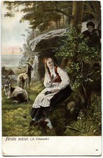 POSTCARD Norway folk costume Hardanger bunad girl hunter goats TIDEMAND painting
