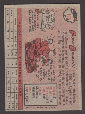 1958 TOPPS BASEBALL # 167 FRANK BAUMANN RC INV J1894 | eBay