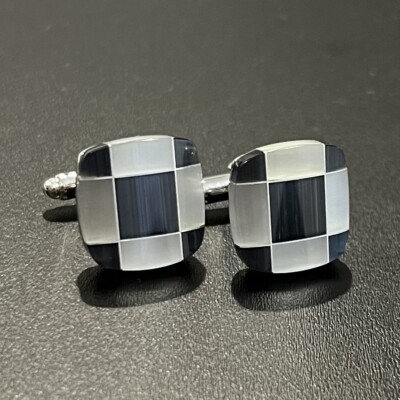 Gray Stone Checks Curve Square Cufflinks Men Birthday Wedding Gift In Box