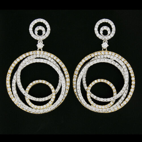 18k TT Gold 5ct Pave Diamond Multi Interlocking Circle Dangle Statement Earrings - Picture 1 of 4