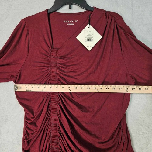 Ava & Viv Asymmetrical T-Shirt Plus Size 1X Shirred Front Long Sleeve Red - Picture 2 of 10