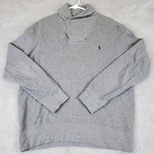 Polo Ralph Lauren Sweater Mens Large Gray Shawl Collar Pullover Cotton Blue Pony