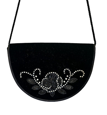 Black Velvet Beaded Formal Shoulder Clutch Purse Evening Bag Half Round 8''x 5.5''