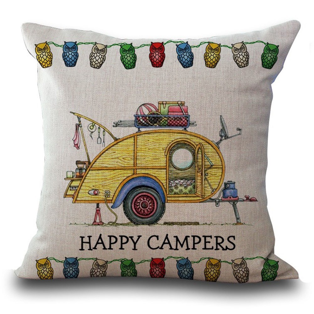 Linen Printed Happy Campers Cushion Cover 450x450mm Select Design eBay