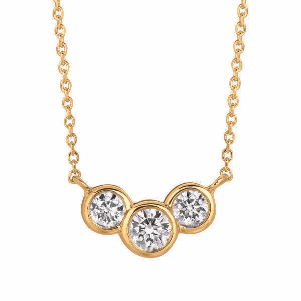 0.75 Carat Natural 3 Stone Diamond Bezel Necklace 14K Yellow Gold