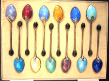 Rare Stunning Birmingham Guilloche Enameled Sterling Silver 12 Bean Spoon Set