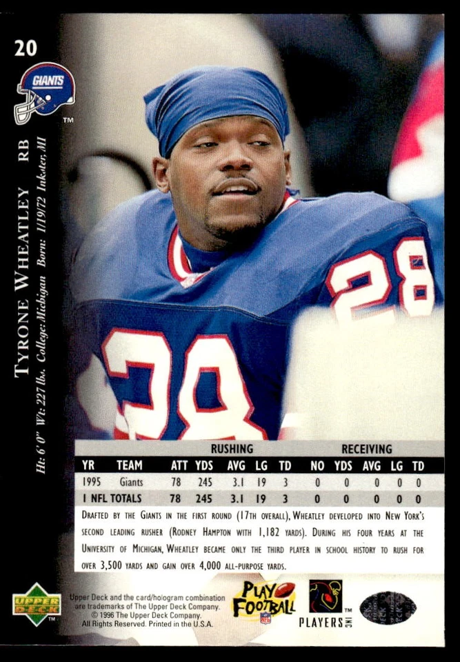 1996 Upper Deck Silver Collection Tyrone Wheatley #20 New York Giants - Image 2 of 2