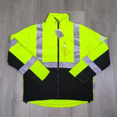 High Vis Jacket Mens Large Yellow Soft Shell Visibility Enhanced Apparel Class 3