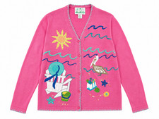 Vintage The Quacker Factory Pink Beach Scene Embroidered Cardigan Sweater L