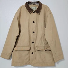 L.L. Bean Men’s XL Canvas Barn Coat Jacket Tan Cotton Corduroy Collar – Distress