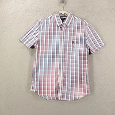 US Polo Assn Shirt Mens Small Red Blue White Plaid Button Up Stretch