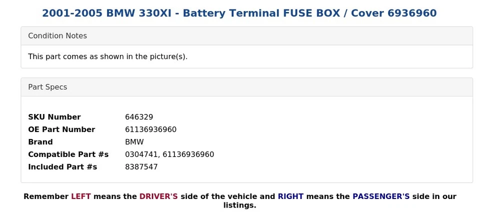 2001-2005 BMW 330XI - Battery Terminal FUSE BOX / Cover 6936960 - Image 4 of 4