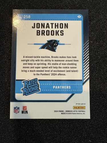 2024 Donruss Optic - Purple Shock Jonathon Brooks Carolina Panthers #258 Rookie - Picture 2 of 2