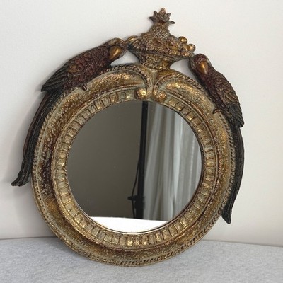 Dezine Tropical Parrot Pineapple Round Wall Mirror Gold Distressed Resin 2002