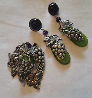 Vintage Grapes and Fox Pewter Brooch and Dangle Earrings
