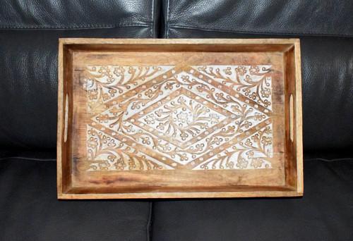 LARGE Wooden Serving Tray W/ Inlaid Decor Serving Organize Storage 17"x 10.5"