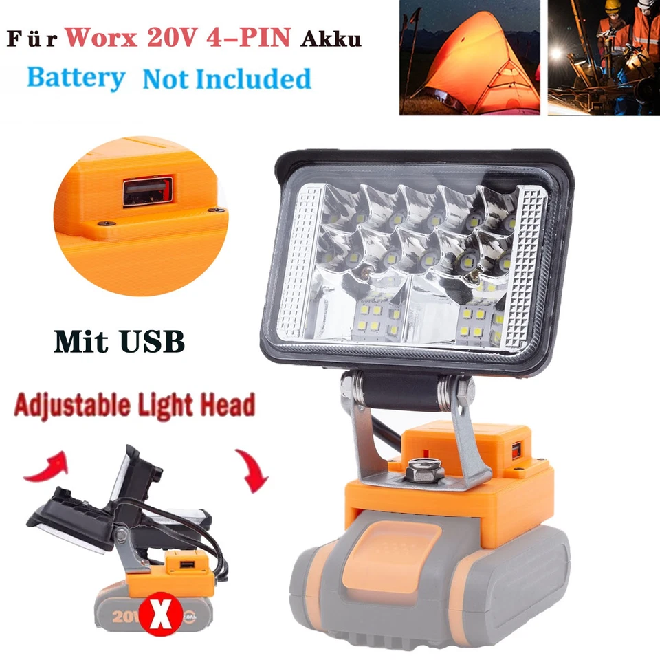 DEMKMILRI 2 USB Kabellose LED-Arbeitsleuchte Schnurlose für Worx 20V 4-PIN Akku Außenlampe