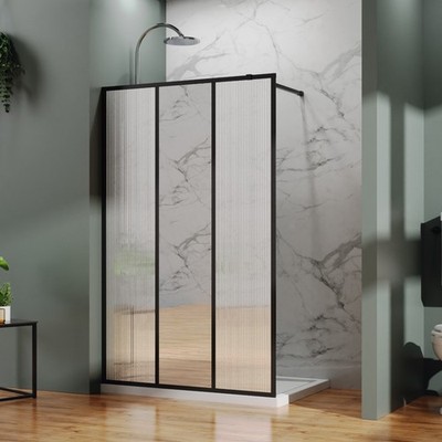 46''Wx72''H 3-Panel Fixed Shower Door, Center Mirror+Fluted Glass, 5mm Tempered, B