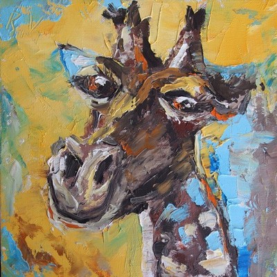 Giraffe Oil Painting - smiling giraffe portrait Textured Wildlife Art on Canvas