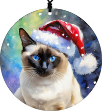 Siamese Cat Christmas Ornament - Hanging Home Decor Featuring Santa Cap and Nort