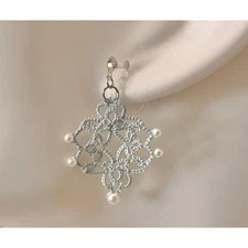 Brand New Light Gray Rhombus Tatted Lace Clip-On, Handmade Dangle Drop Earrings
