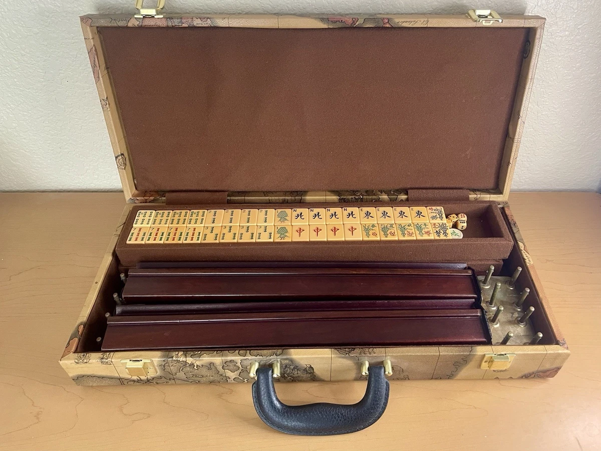 Antique Mah Jong Jongg Bakelite Game Set 148 Tiles 5 Racks