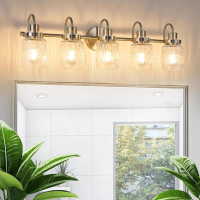 Brushed Nickel 5-Light Bathroom Vanity Light with Hammered Glass Shades