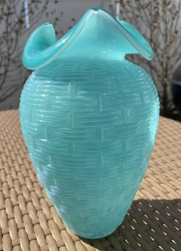 Fenton HTF Jade Opaline Basket Weave 8.5 Inch Vase. 1990, No Damage